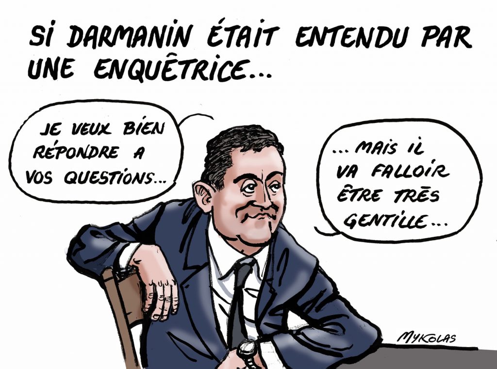 dessin d’actualité humoristique de Mykolas sur Gérald Darmanin, les faveurs sexuelles et l’enquête pour viol