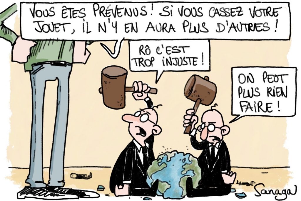 dessin d'actualité de Sanaga sur l’écologie et la pollution de la planète Terre