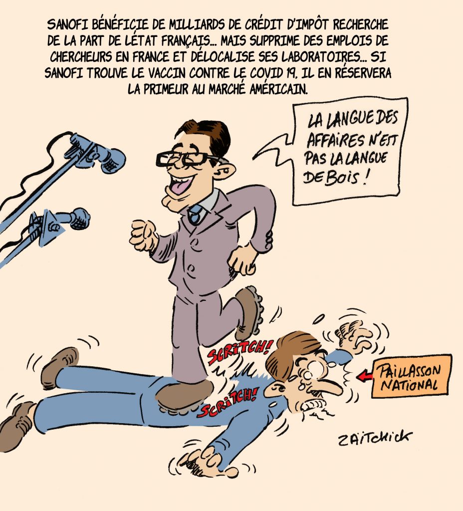 dessin humour politique Emmanuel Macron Sanofi coronavirus