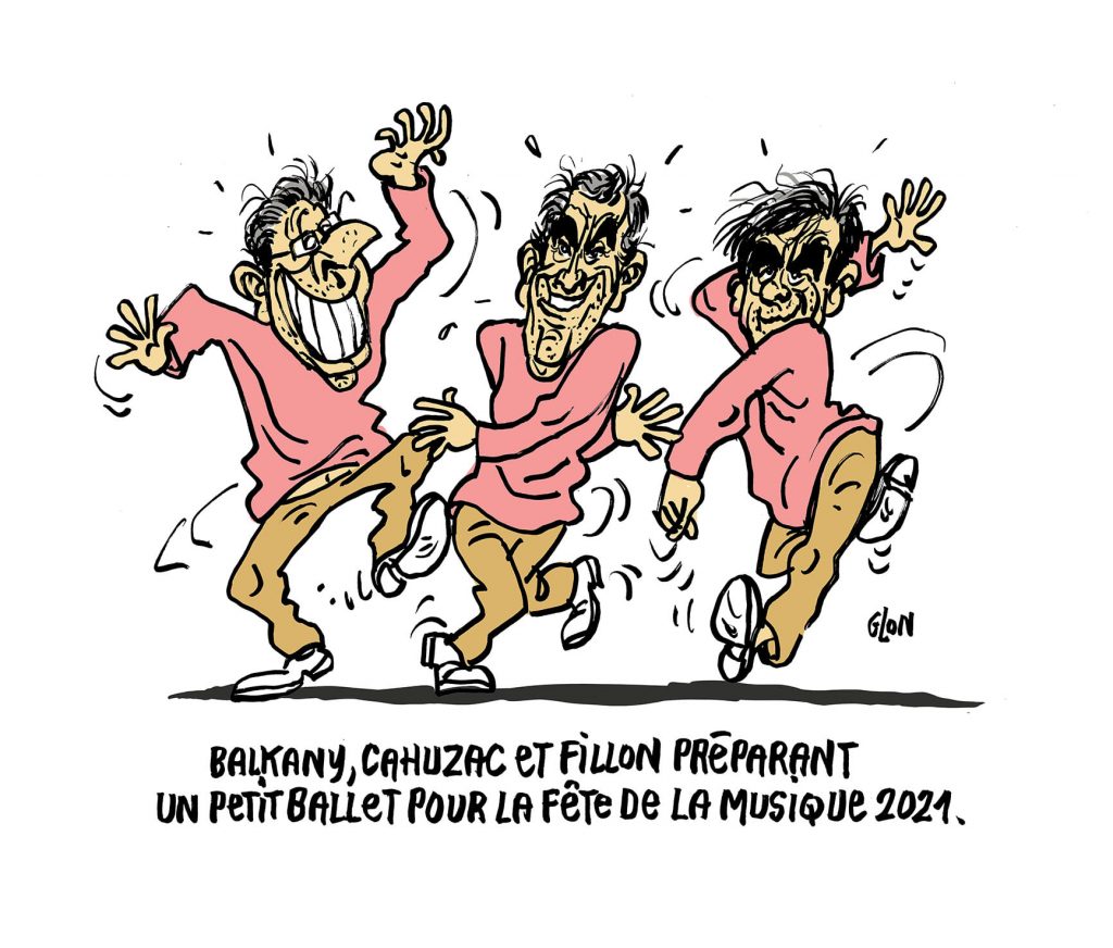 dessin humoristique de Glon sur la fête de la musique et les affaires Fillon, Balkany et Cahuzac