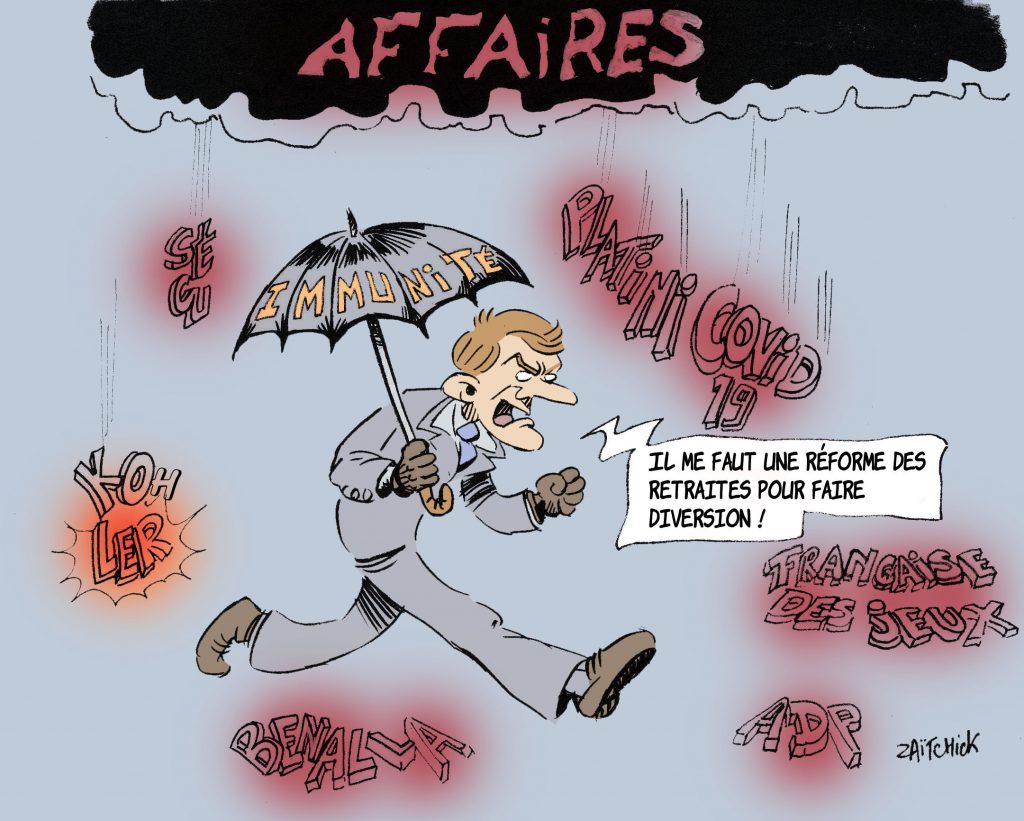 dessin de Zaïtchick sur les affaires pendant le quinquennat d’Emmanuel Macron