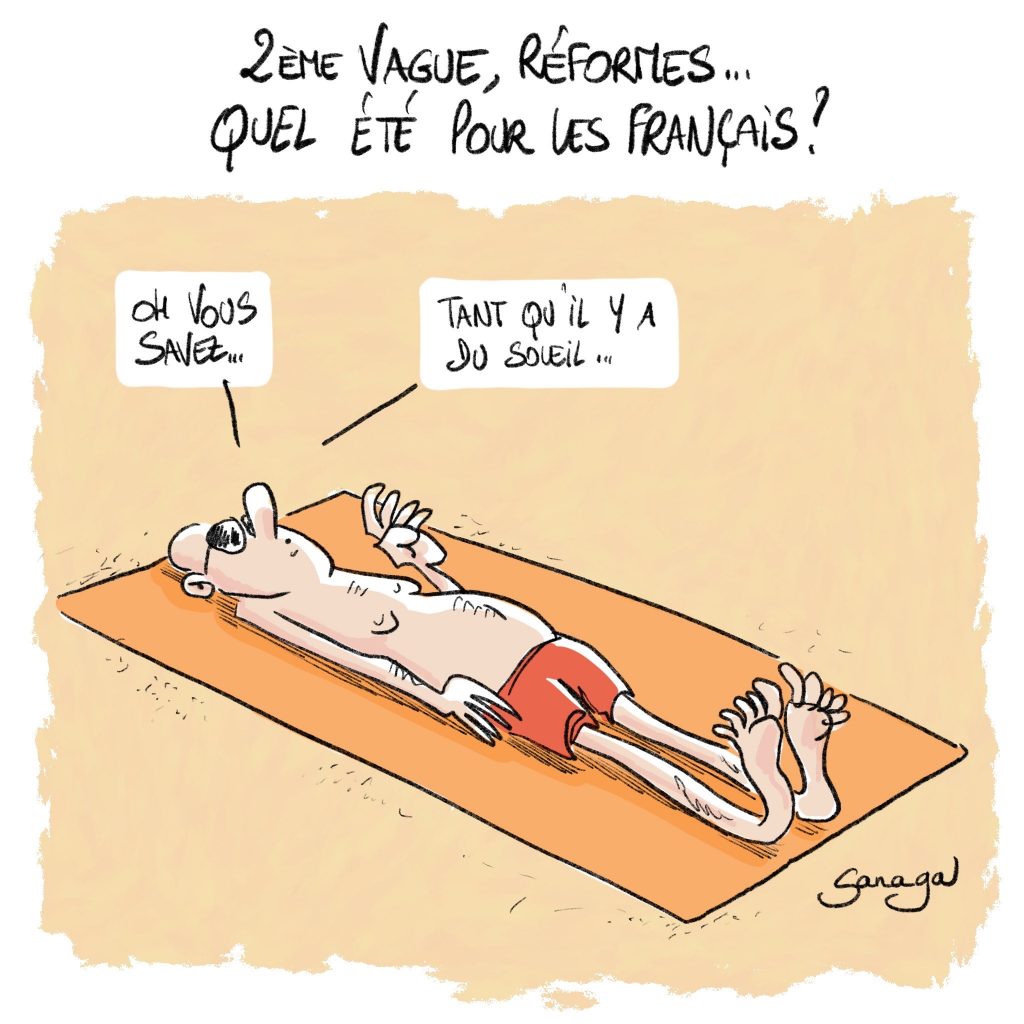 dessin d'actualité de Sanaga sur les vacances des français entre coronavirus et réformes