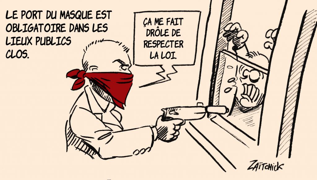 image drôle dessin humour coronavirus covid-19 masque braquage