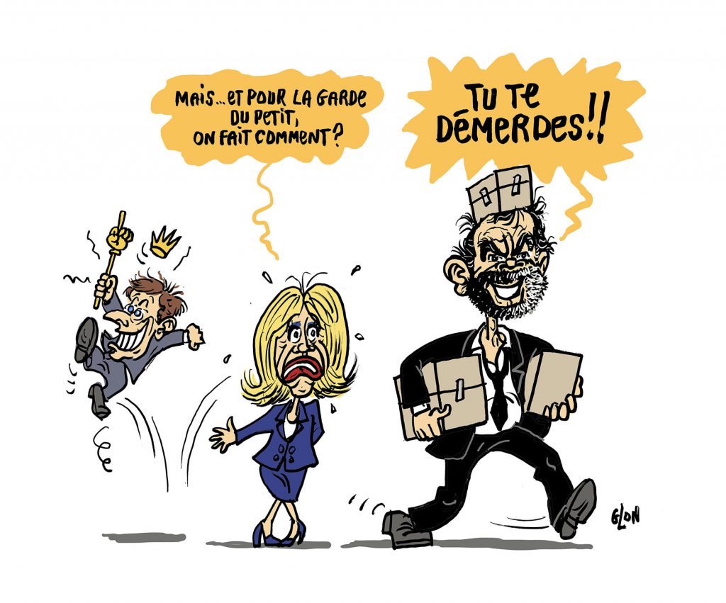 dessin humoristique de Glon sur Emmanuel Macron et le départ d’Édouard Philippe