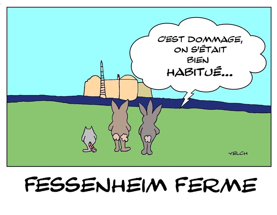 dessin de Yelch sur l’arrêt de la centrale nucléaire de Fessenheim