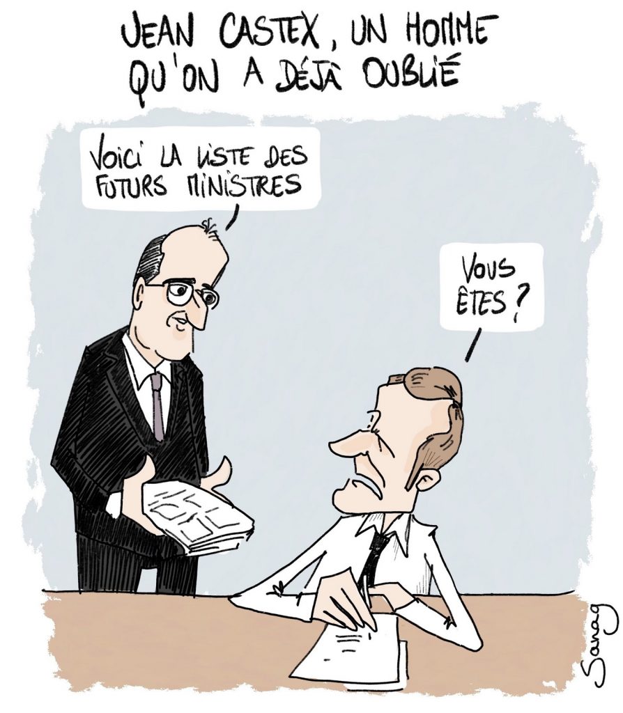 dessin d'actualité de Sanaga sur la nomination de Jean Castex au poste de Premier Ministre d’Emmanuel Macron