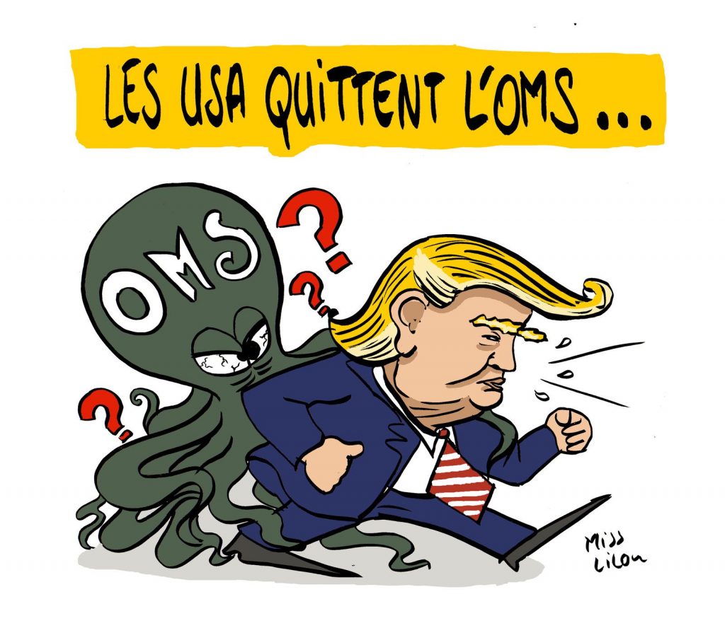 dessin de Miss Lilou sur le départ des États-Unis de l'Organisation mondiale de la Santé