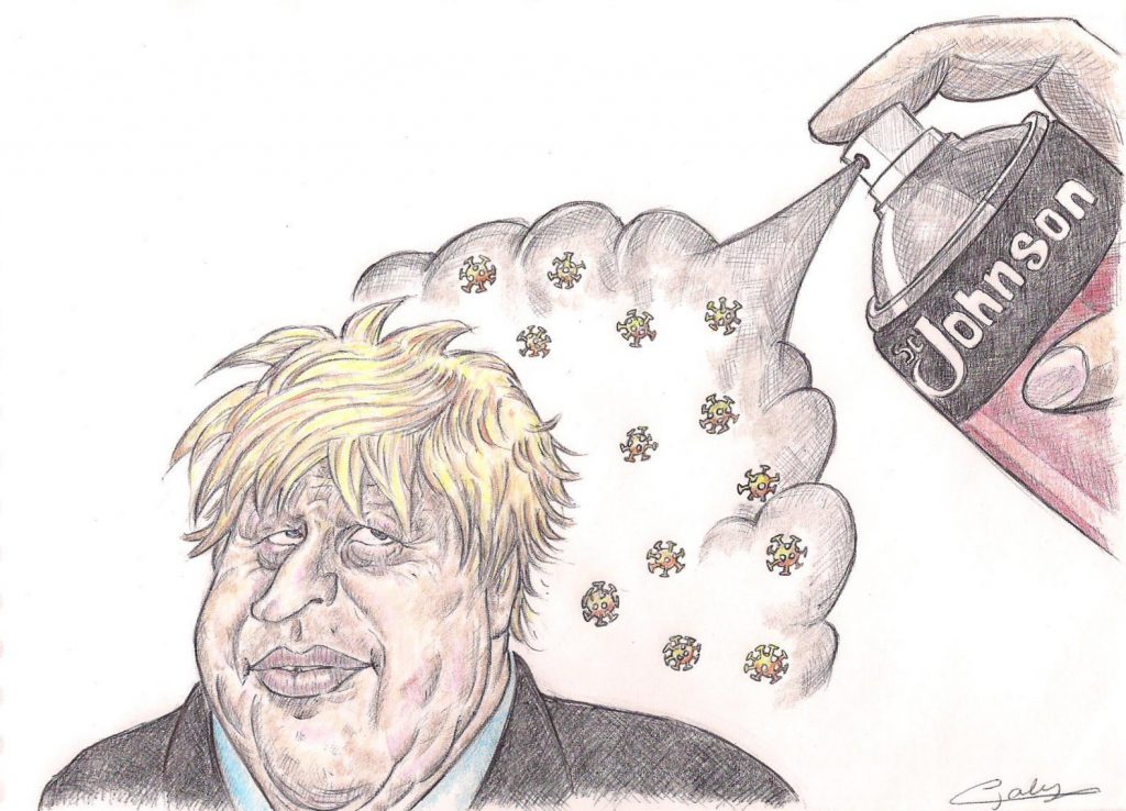 dessin d'actualité de Galy sur l’épidémie de coronavirus et l’hospitalisation de Boris Johnson en soins intensifs