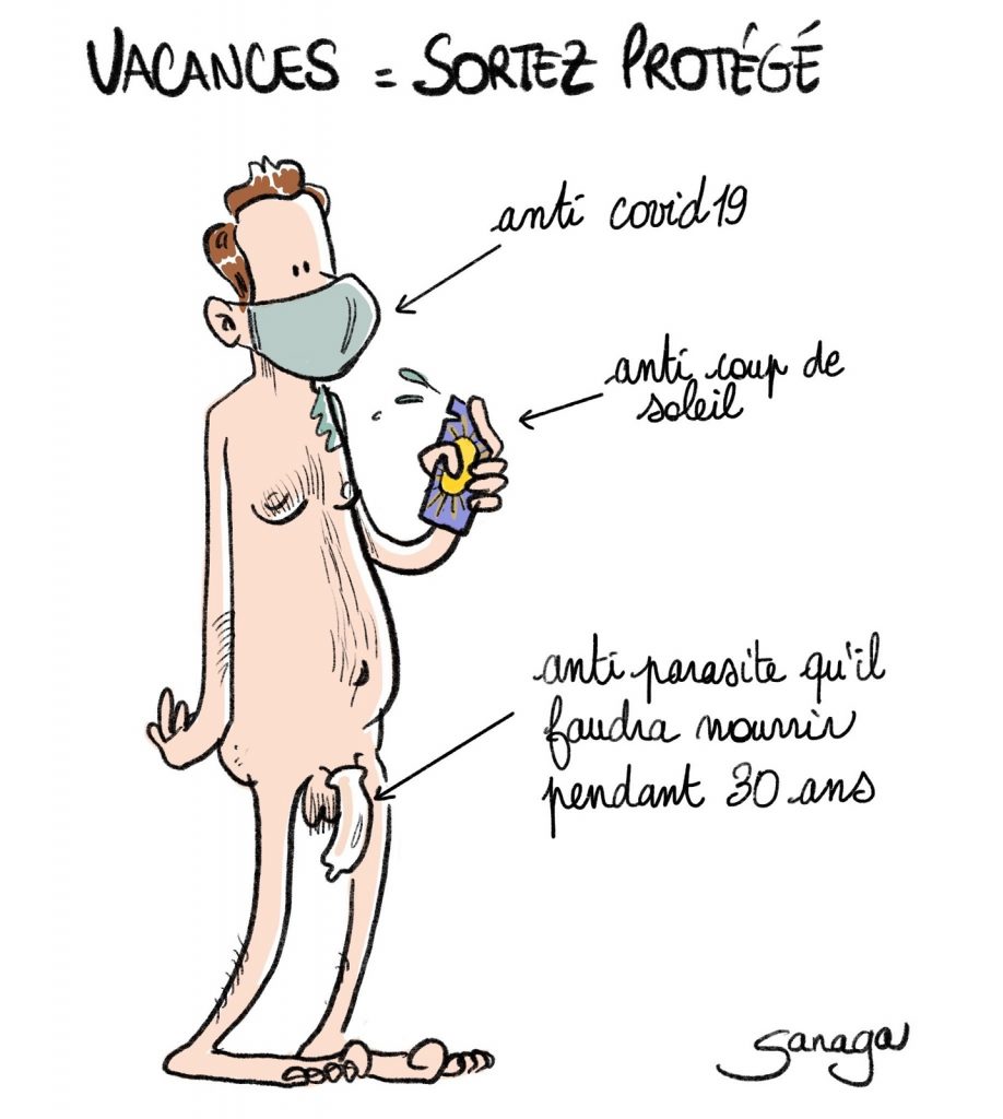 dessin d'actualité de Sanaga sur les protections nécessaires aux vacances