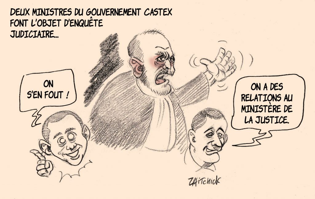 dessin de Zaïtchick sur Gérald Darmanin et Olivier Dussopt, les enquêtes judiciaires et Éric Dupond-Moretti