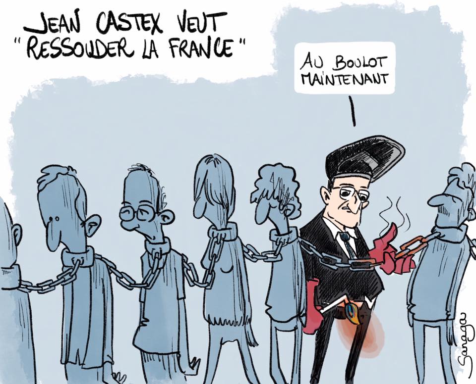 dessin d'actualité de Sanaga sur la volonté de Jean Castex de ressouder la France