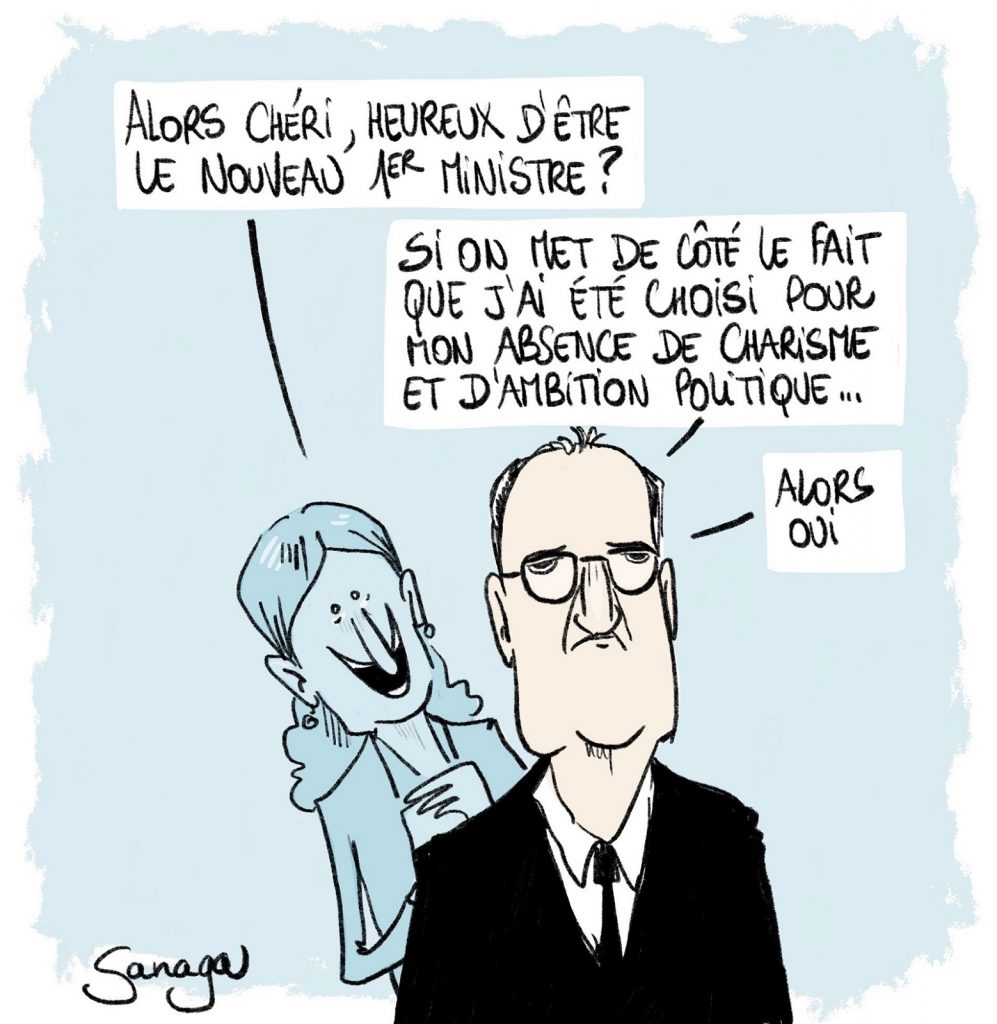 dessin d'actualité de Sanaga sur la nomination de Jean Castex au poste de Premier Ministre