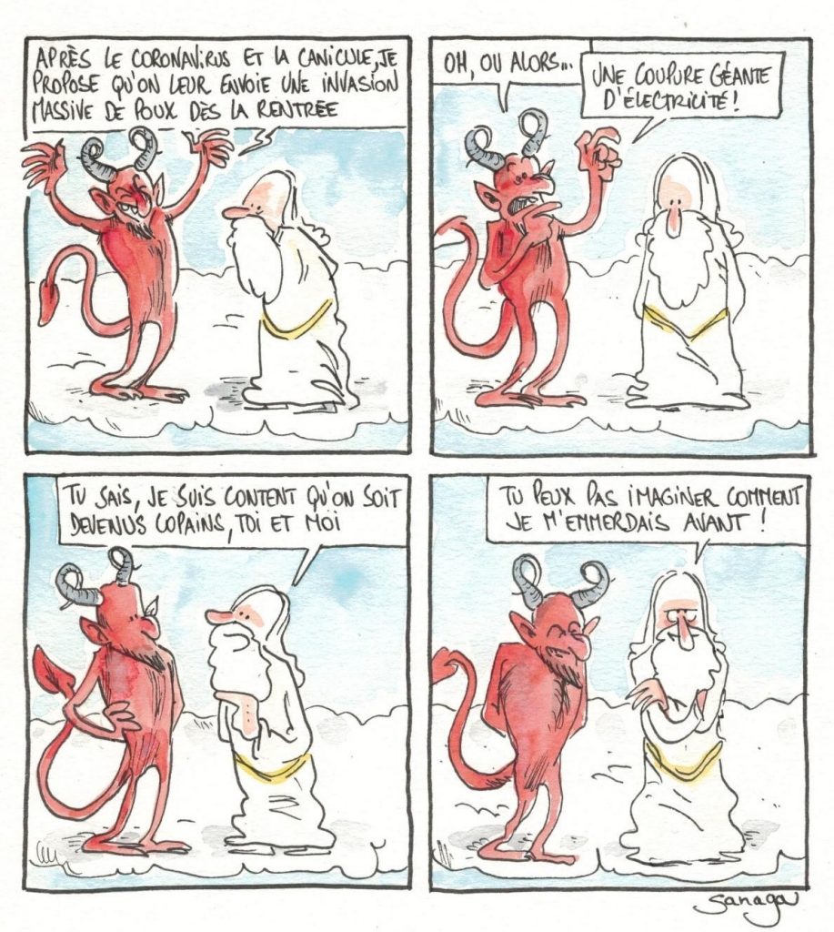 dessin presse humour coronavirus canicule image drôle Dieu Diable