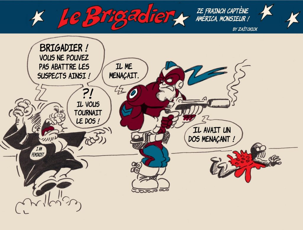 image drôle Éric Dupond-Moretti dessin humour flic brigadier menace Jacob Blake