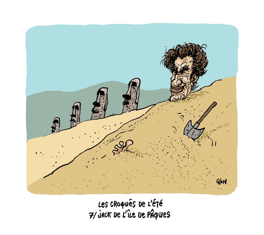 image drôle Jack Lang dessin humoristique actualité vacances île de Pâques Moaï