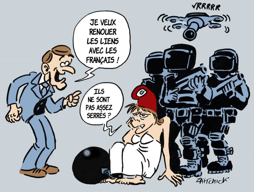 image drôle Emmanuel Macron dessin humour humoristique surveillance police