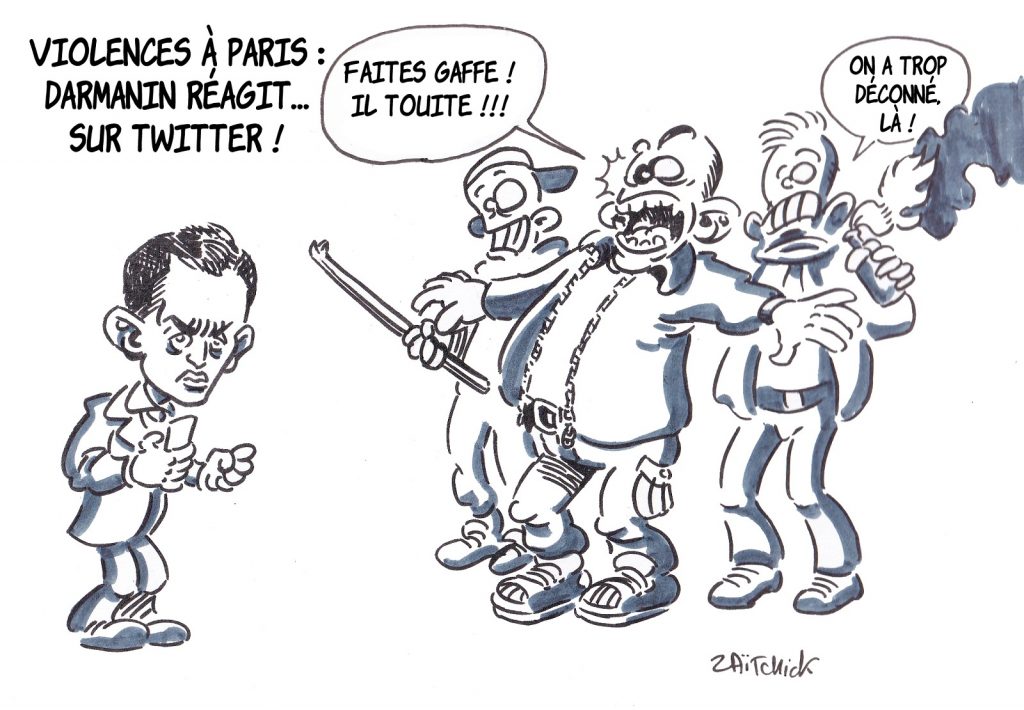 dessin presse humour Gérald Darmanin image drôle tweet violences à Paris PSG
