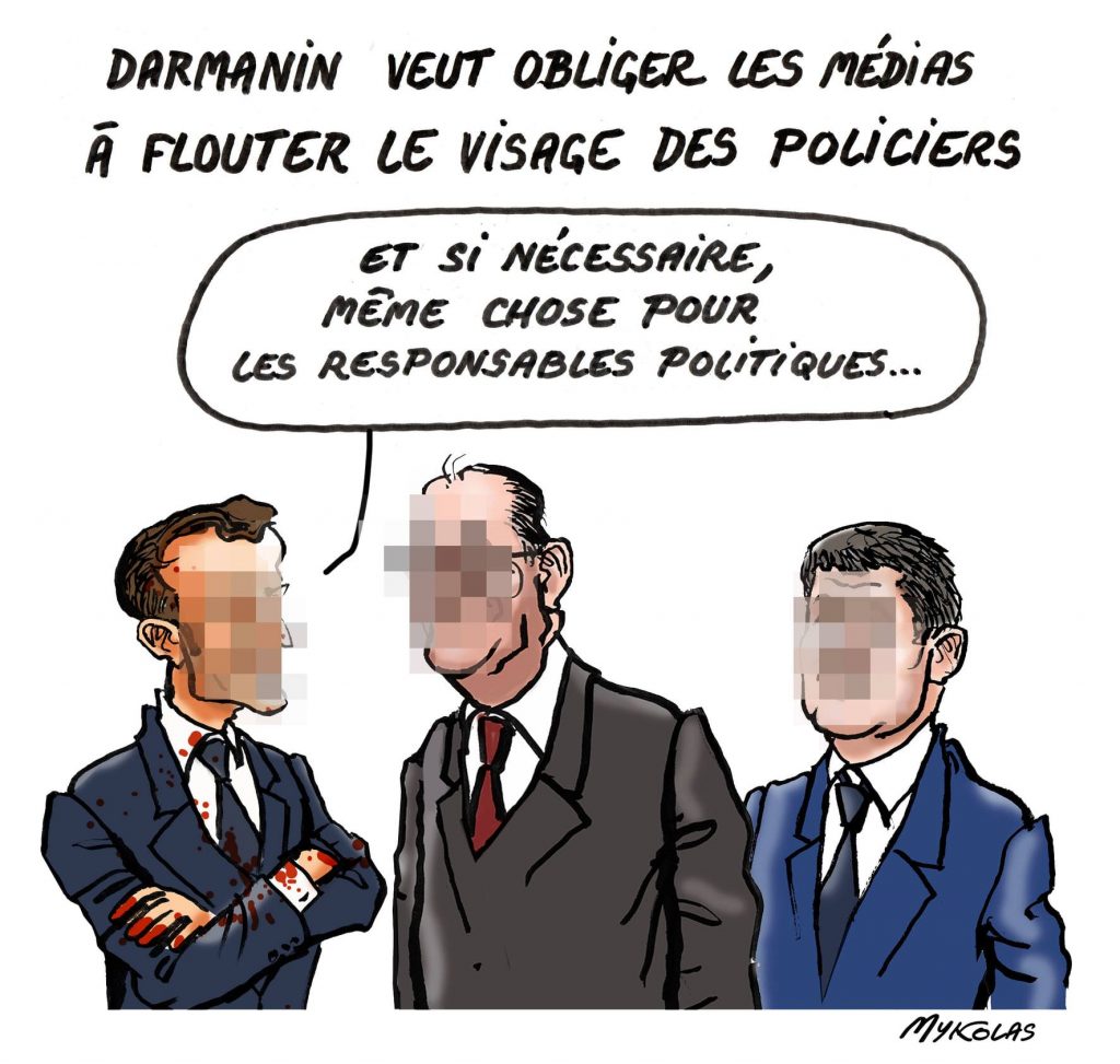 image drôle floutage policiers dessin humour Emmanuel Macron Gérald Darmanin Jean Castex