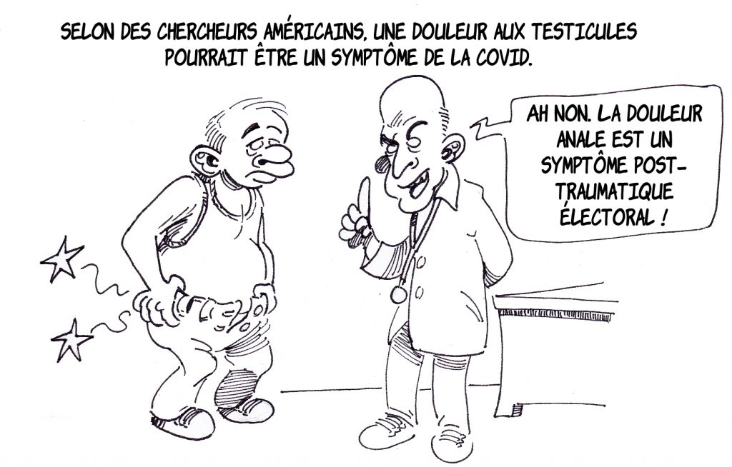 dessin presse humour coronavirus covid-19 image drôle douleurs testicules