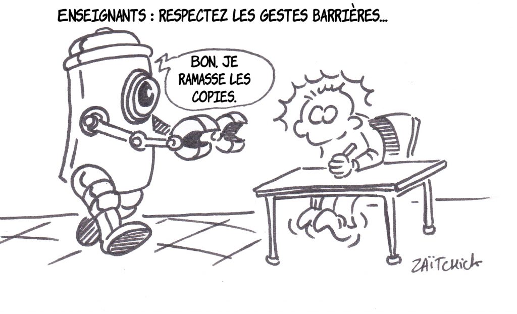 dessin presse humour coronavirus covid-19 image drôle enseignants gestes barrières