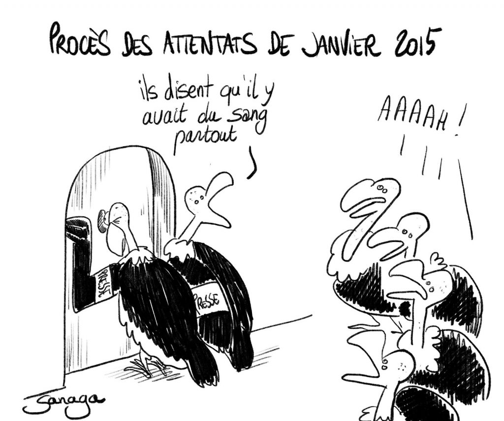 dessin presse humour procès Charlie Hebdo image drôle vautours sang