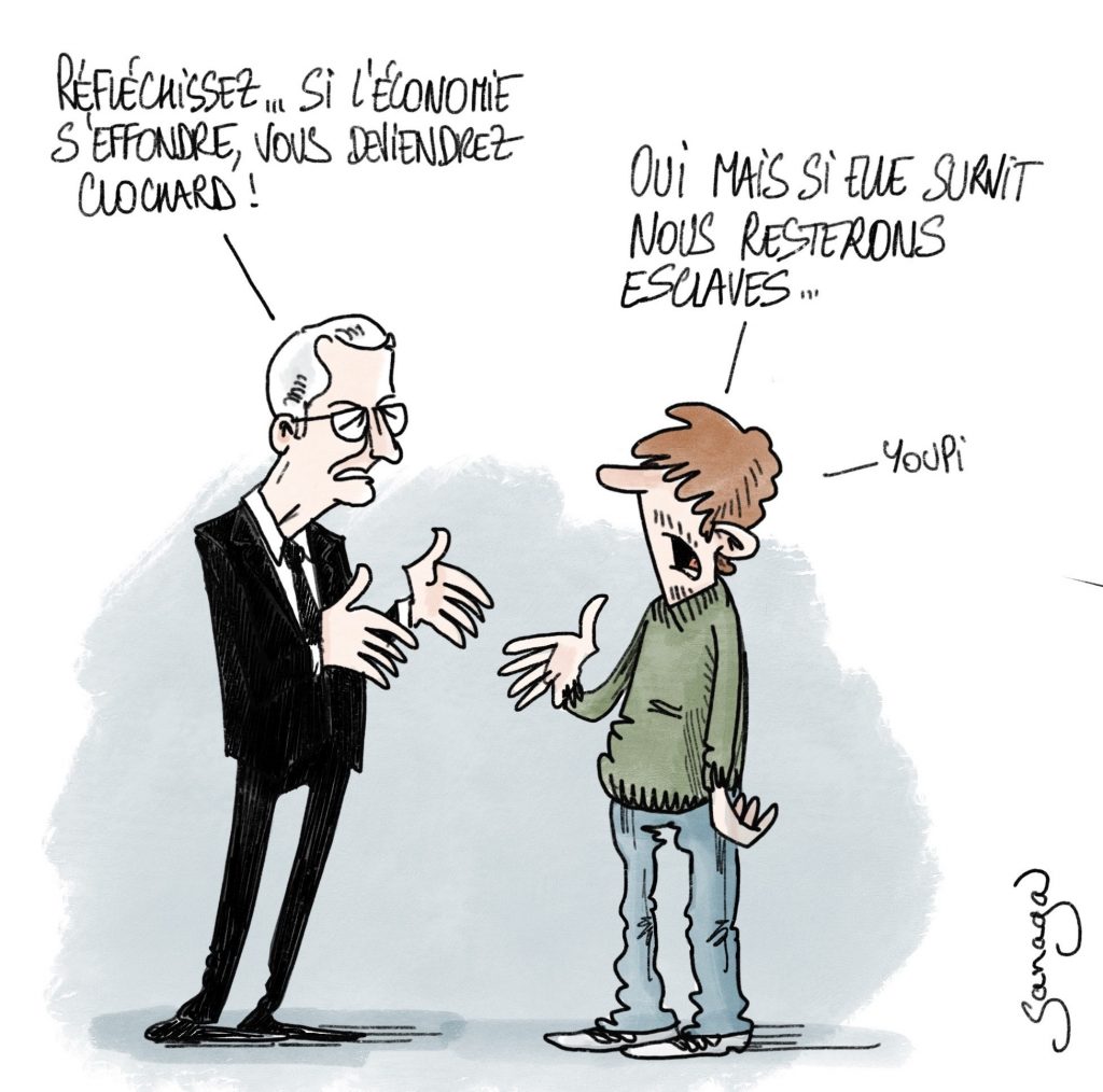 dessin presse humour crise sanitaire économie image drôle clochards esclaves