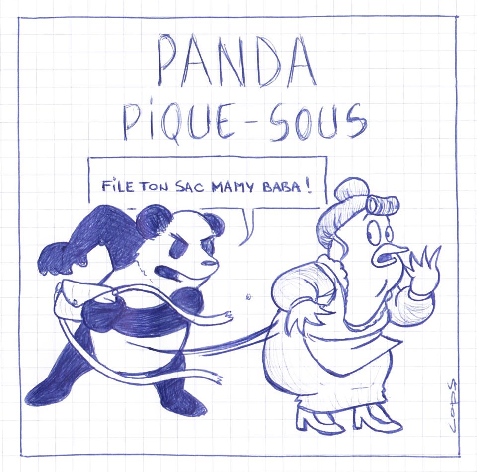gag image drôle panda dessin blague humour picsou panda vol de sac à main
