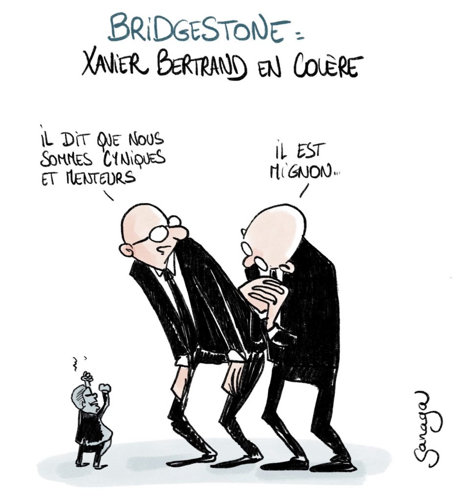 dessin presse humour Xavier Bertrand image drôle fermeture Bridgestone
