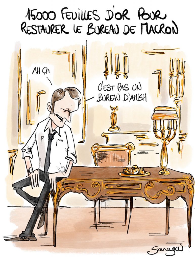 dessin presse humour Emmanuel Macron image drôle restauration bureau Amish