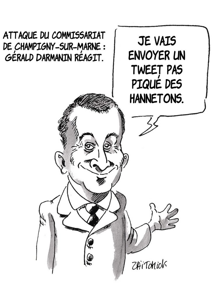 dessin presse humour Gérald Darmanin image drôle attaque commissariat Champigny-sur-Marne