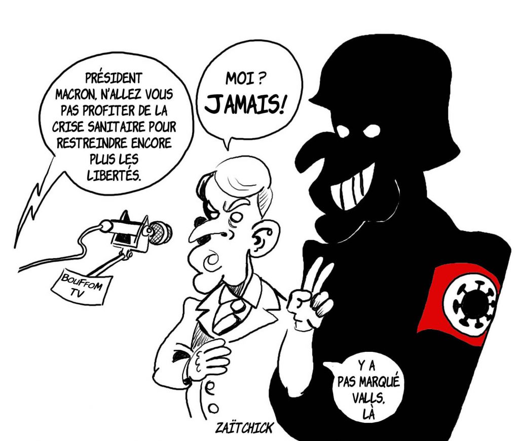 dessin presse humour Emmanuel Macron image drôle crise sanitaire liberté individuelle