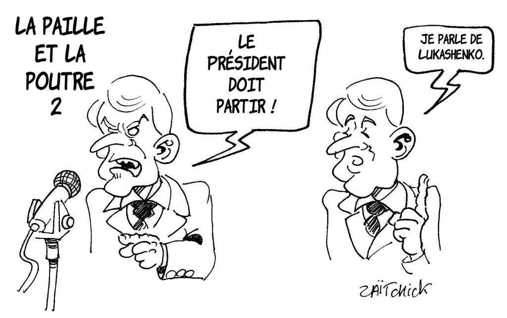 dessin presse humour Emmanuel Macron image drôle Alexandre Loukachenko Biélorussie