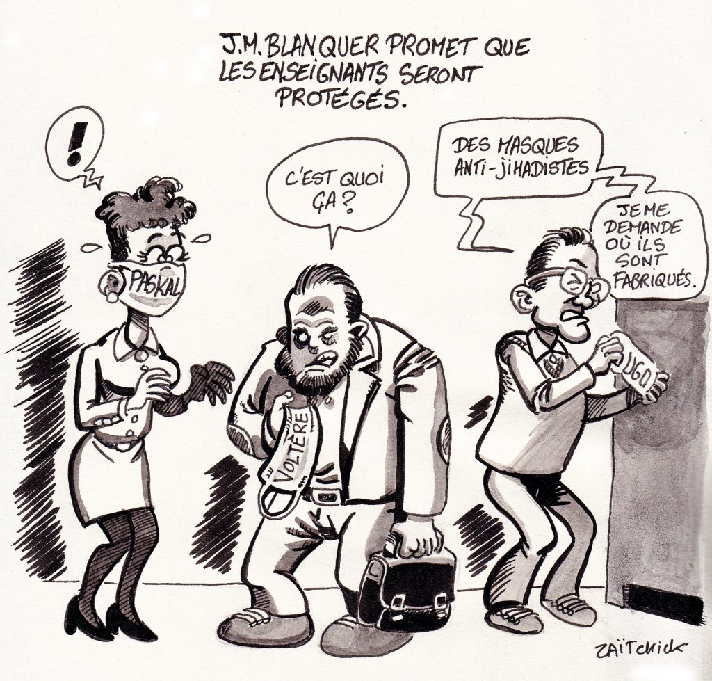 dessin presse humour Attentat Conflans image drôle Jean-Michel Blanquer masques protection