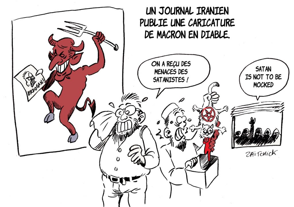 dessin presse humour caricatures islamisme image drôle Emmanuel Macron Iran Diable