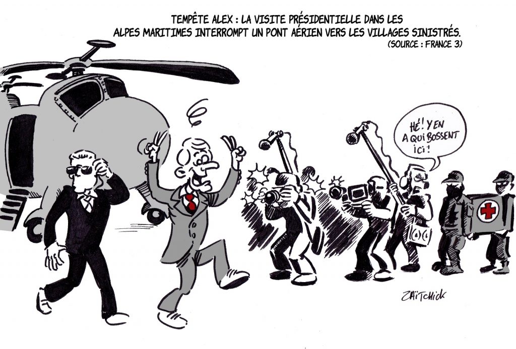 dessin presse humour Emmanuel Macron image drôle visite officielle Alpes-Maritimes tempête Alex