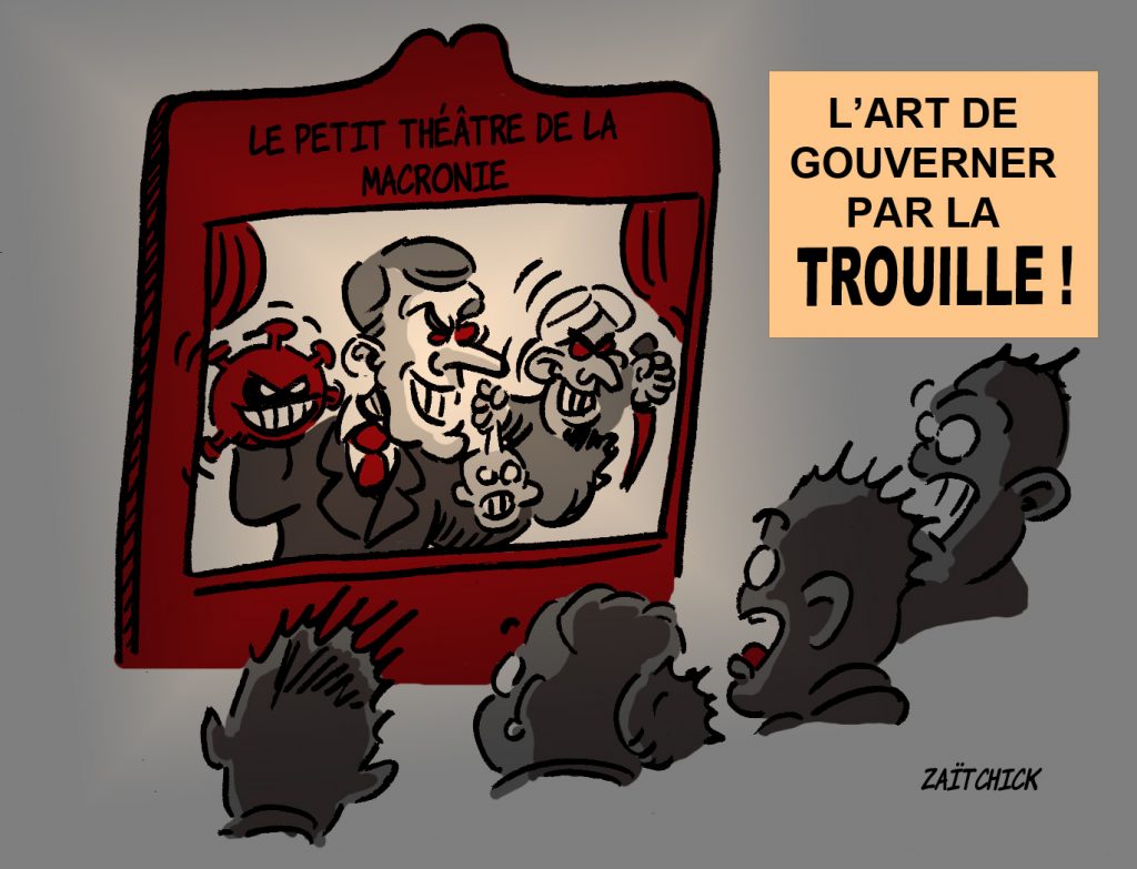 dessin presse humour Emmanuel Macron coronavirus image drôle trouille islamisme