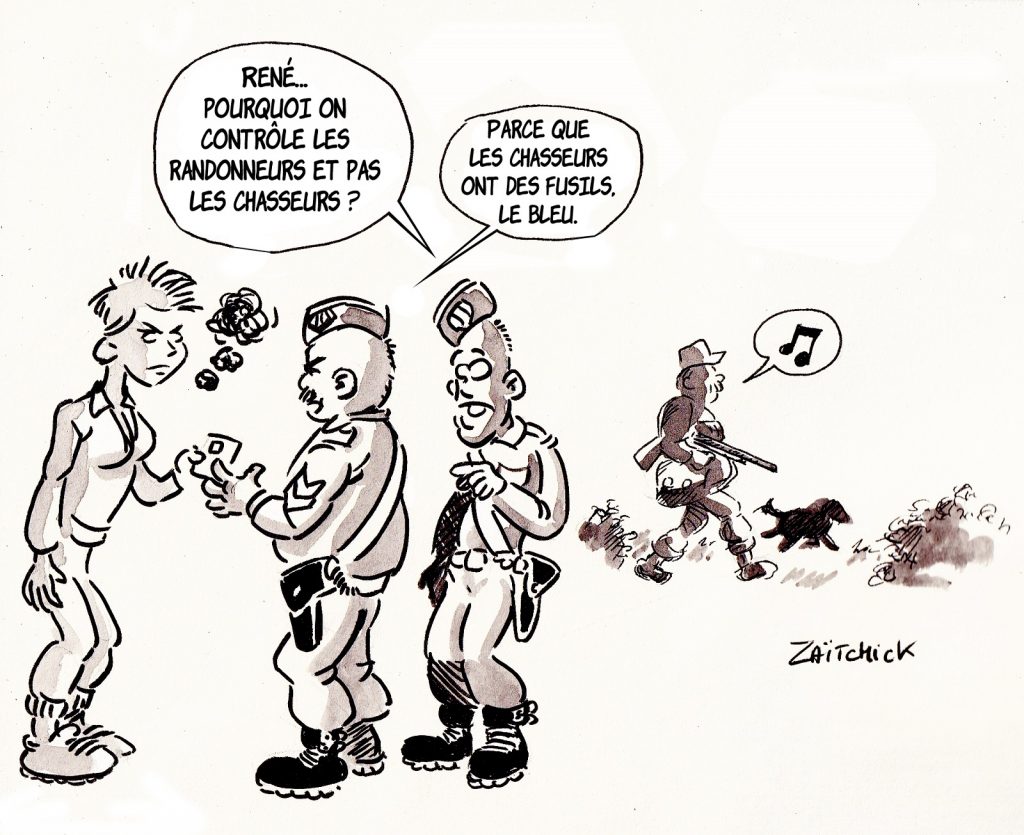 dessin presse humour coronavirus confinement image drôle contrôle randonneurs chasseurs