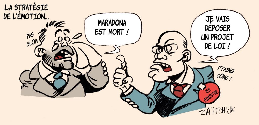 dessin presse humour mort Diego Maradona image drôle stratégie émotion projet loi