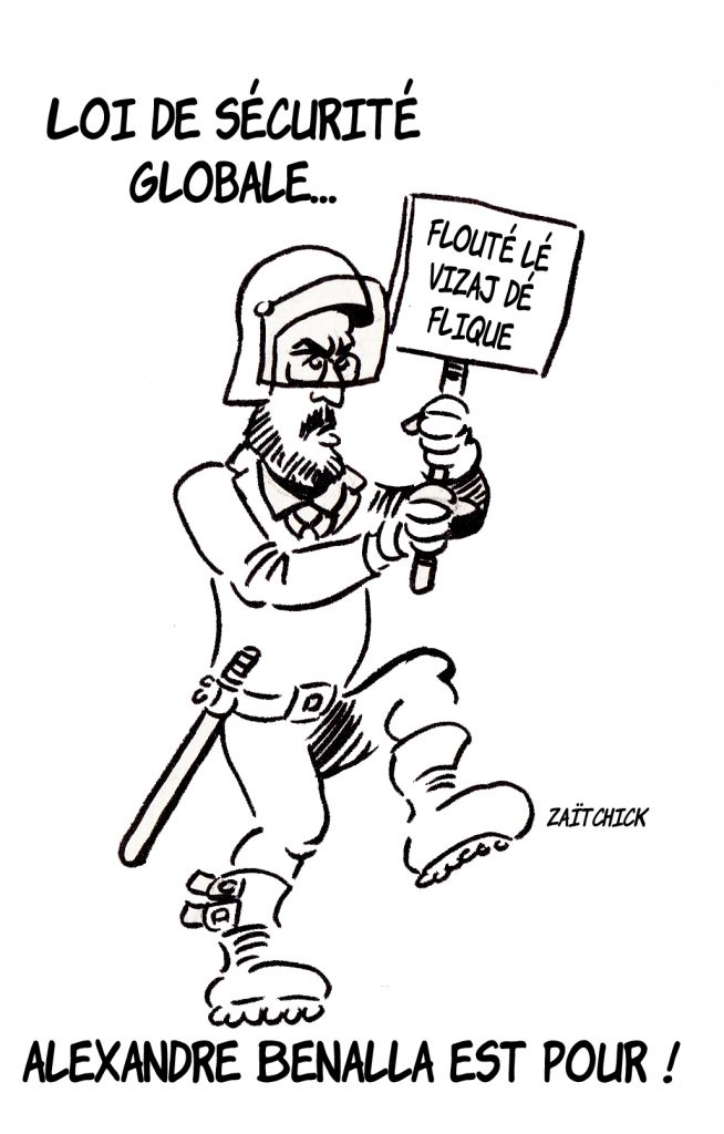 dessin presse humour loi sécurité globale image drôle floutage visage policier Alexandre Benalla