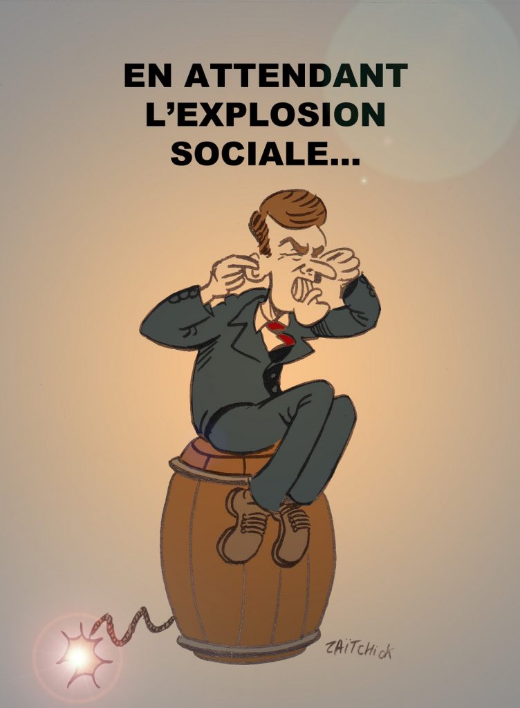 dessin presse humour explosion sociale image drôle Emmanuel Macron