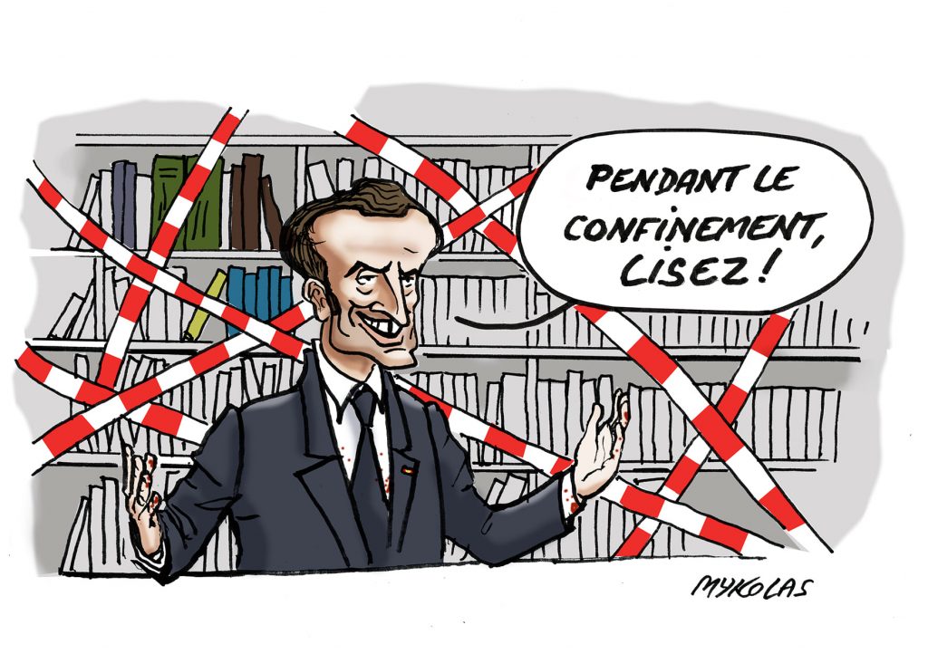 image drôle Emmanuel Macron confinement dessin humour lecture livres reconfinement