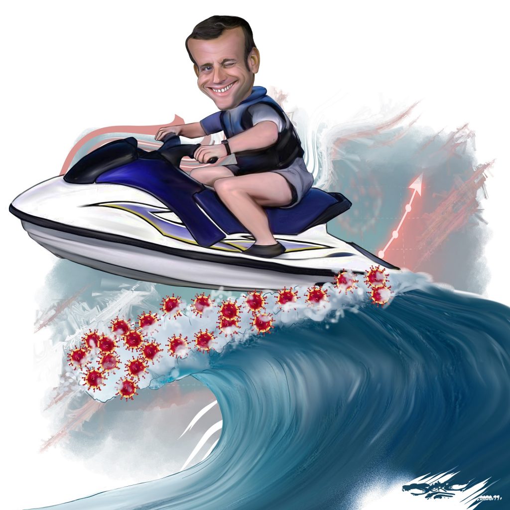 dessin presse humour coronavirus covid-19 image drôle Emmanuel Macron deuxième vague jetski