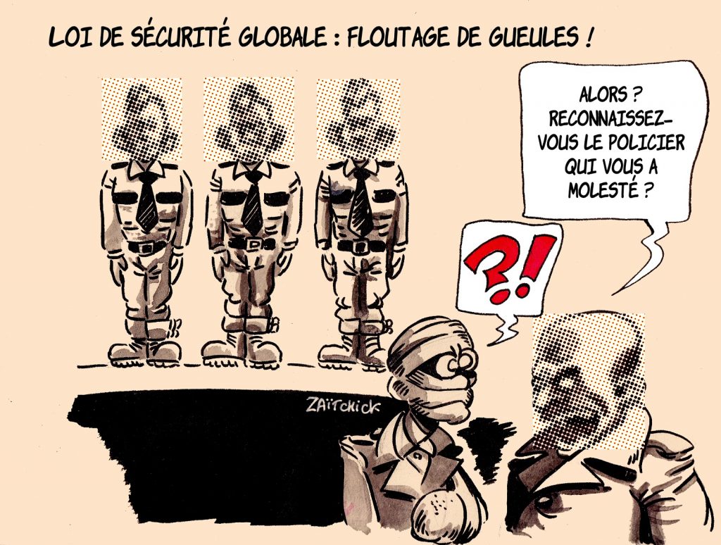 dessin presse humour loi sécurité globale image drôle floutage visage policier