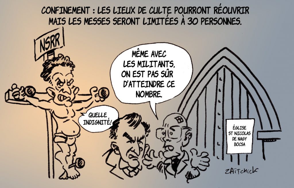 dessin presse humour déconfinement lieux de culte image drôle Nicolas Sarkozy