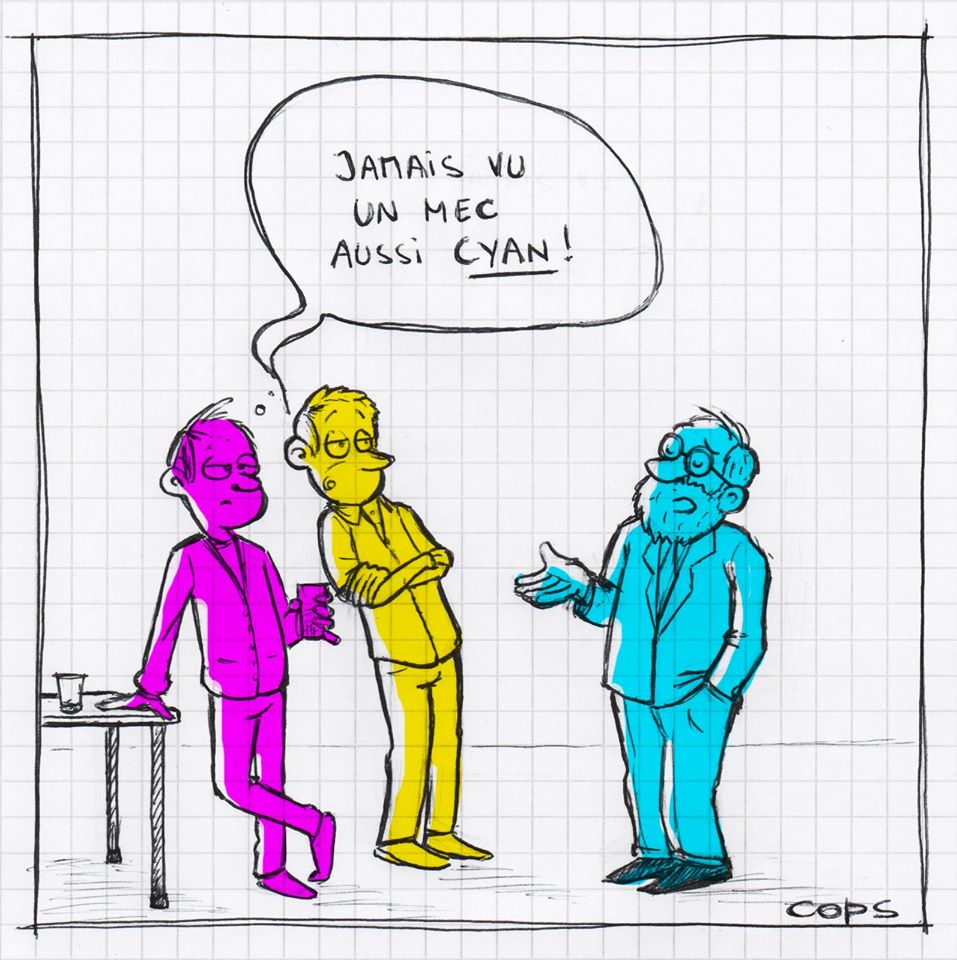 gag image drôle cyan chiant dessin blague humour couleurs primaires jaune magenta