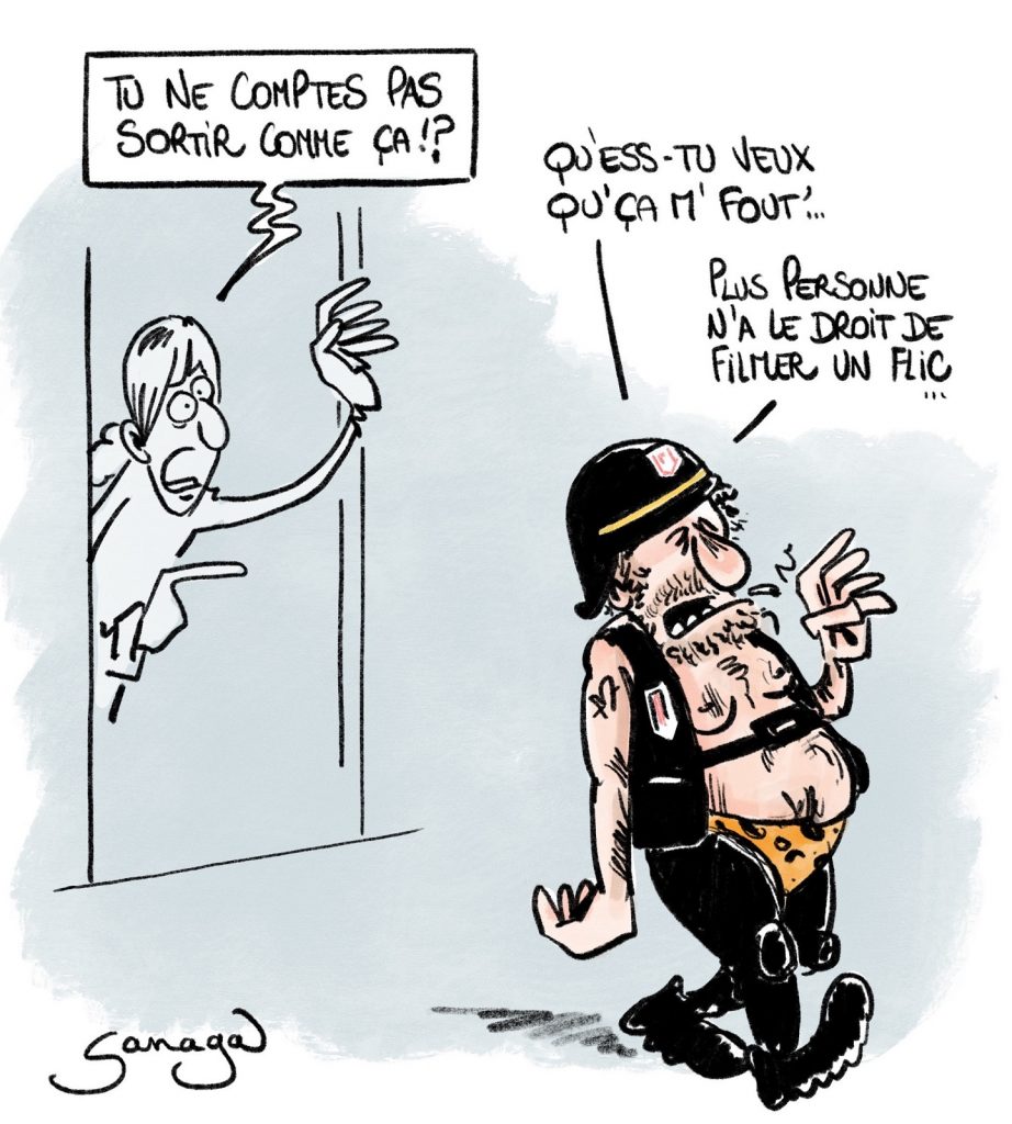 dessin presse humour loi sécurité globale image drôle floutage visage policier