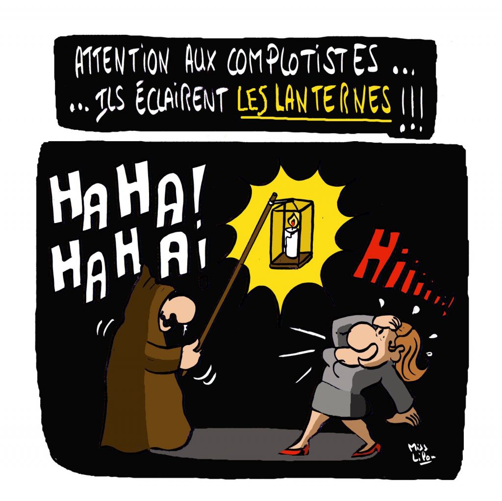 dessin presse humour théorie du complot image drôle complotisme lanterne éclairage