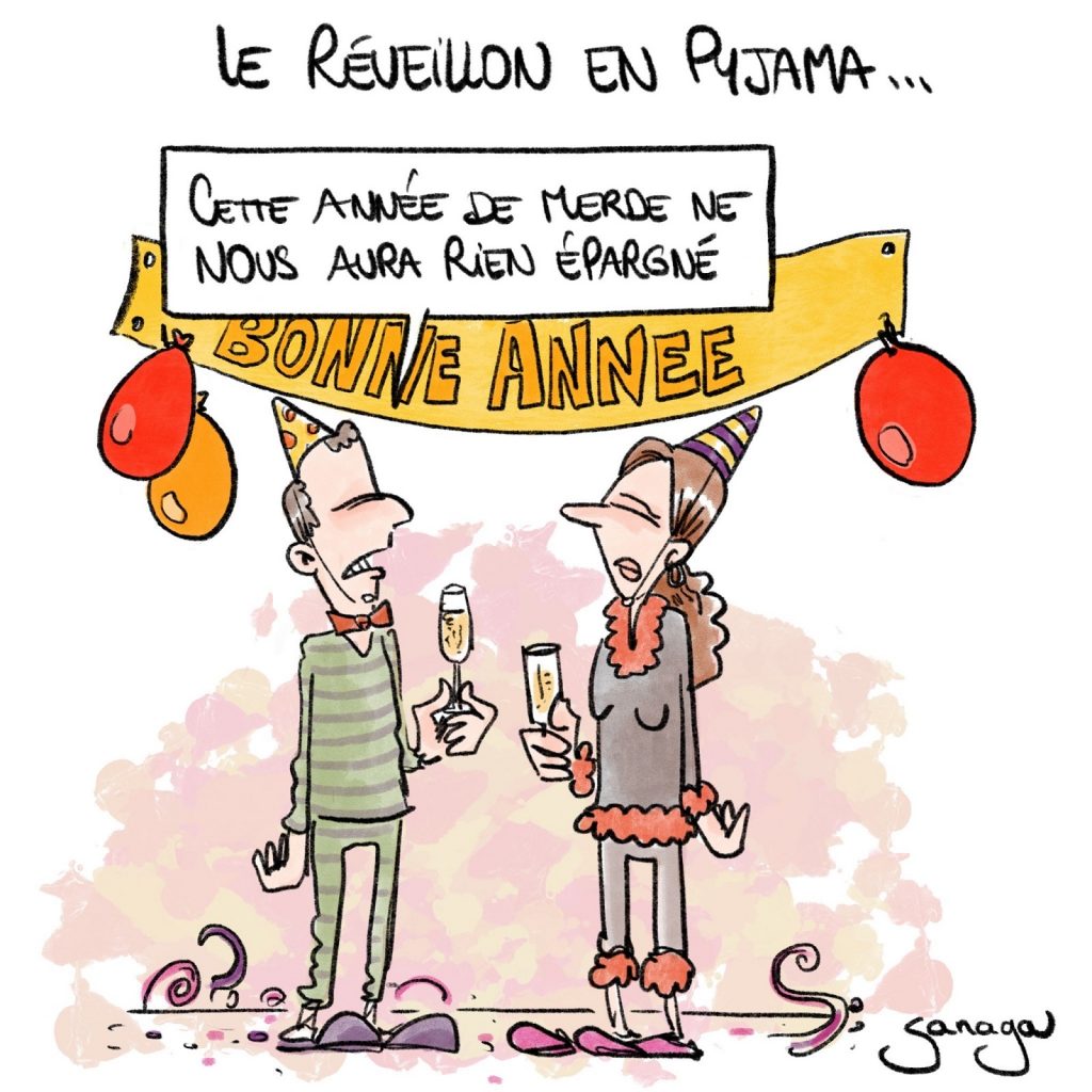 dessin presse humour coronavirus couvre-feu image drôle réveillon Saint-Sylvestre pyjama
