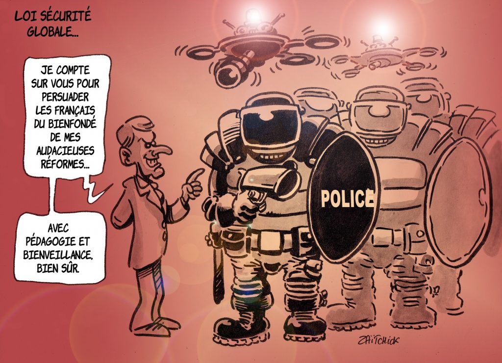 dessin presse humour Emmanuel Macron image drôle loi sécurité globale