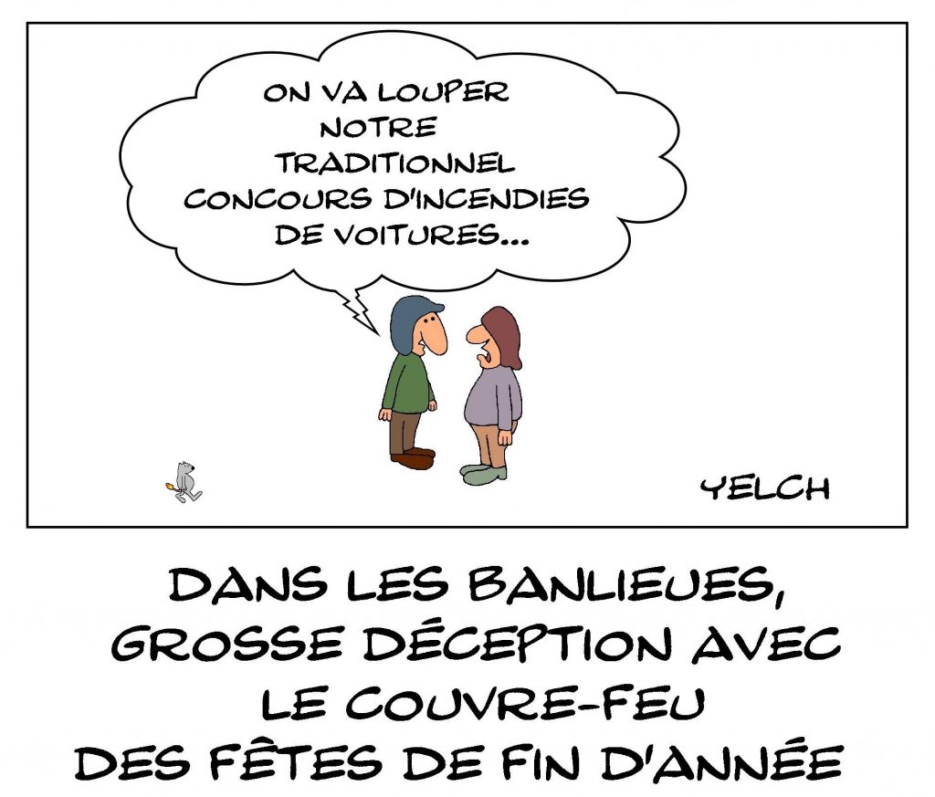 dessins humour coronavirus couvre-feu image drôle banlieues incendies de voiture